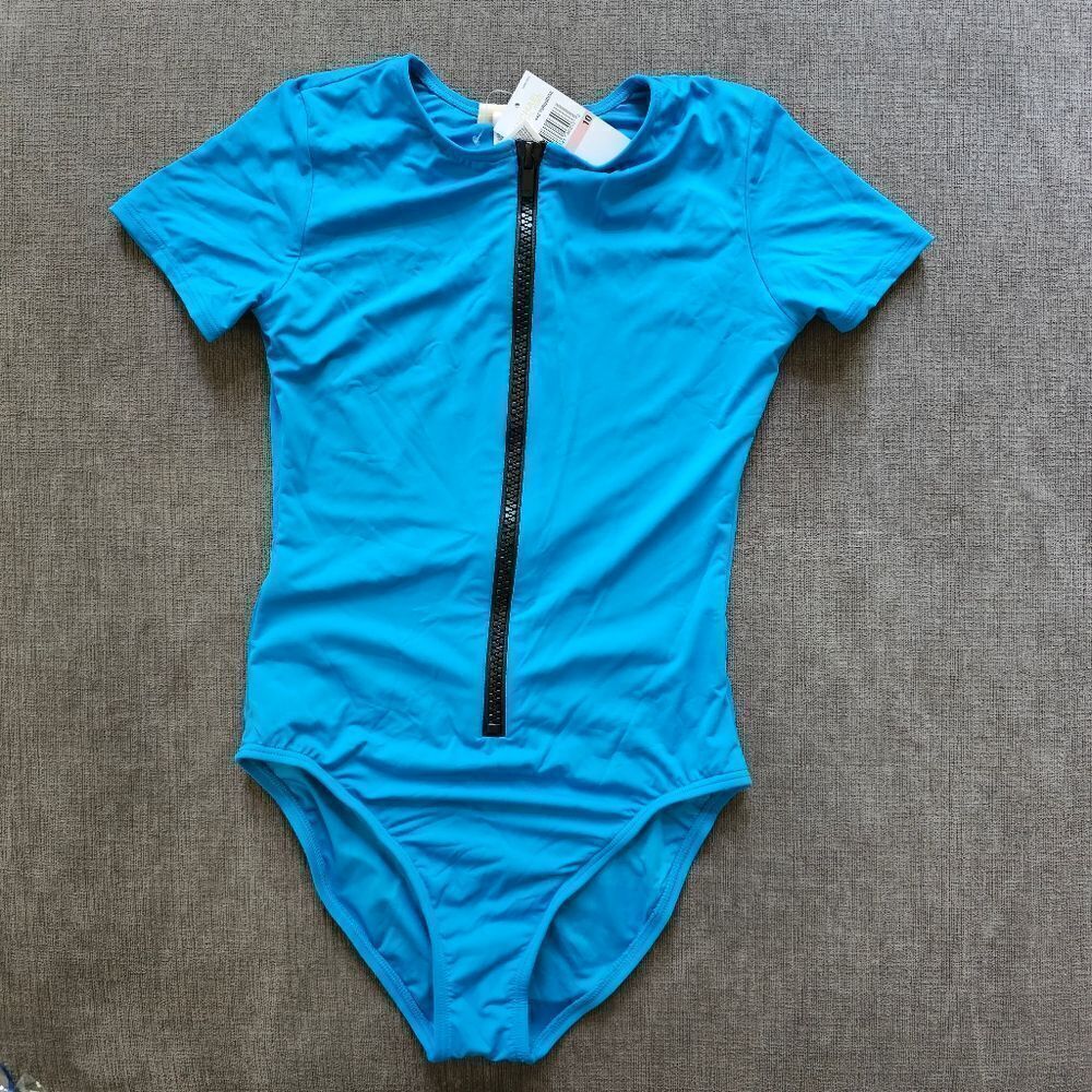 Michael Kors Blue Rashguard Short Sleeve Front Zip One-Piece Swimsuit size 10 - Picture 10 of 11